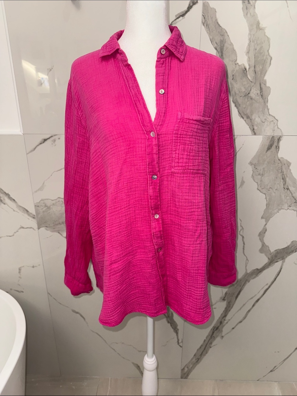 Lola River Relaxed Waffle Knit Fuchsia Pink Button-Down Gauze Shirt Size L